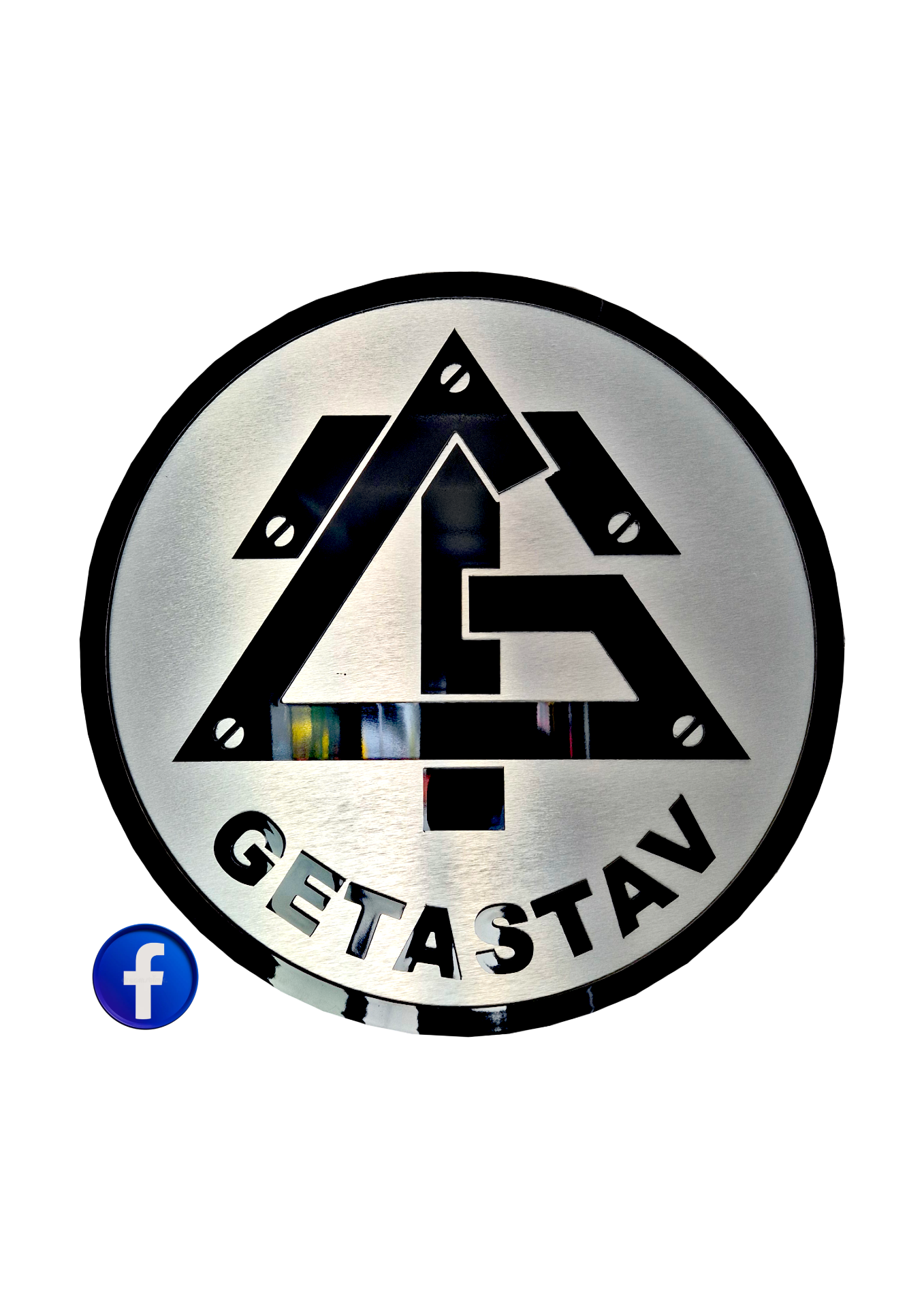 Kruhové kovové logo s písmenom A, čiernymi trojuholníkmi a nápisom GETASTA.